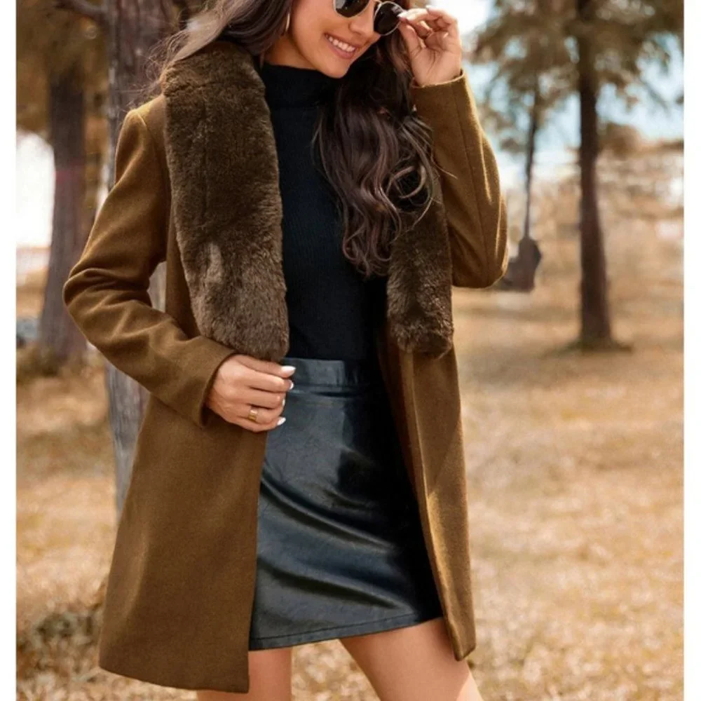 Boho Brown Faux fur trimmed neckline belted overcoat jacket - Picture 2 of 6